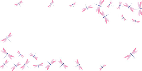 Tropical rosy pink dragonfly flat vector illustration. Summer colorful insects. Wild dragonfly flat baby background. Tender wings damselflies graphic design. Tropical creatures