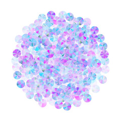 Iridescent spangles confetti scatter vector illustration. Round glowing sequin particles holiday decoration top view. Christmas confetti placer glossy texture.