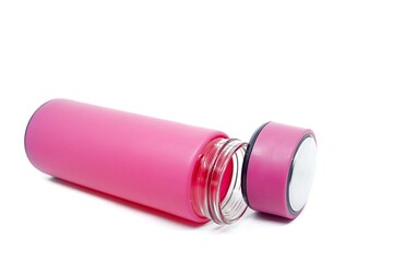 Close-up of reusable steel thermo water bottle, matte black color, isolated on white background with copy space. Zero waste. Say no to single-use plastic bottles. Environmental concept.