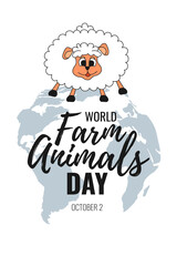 World Farm Animals Day celebrate 2 october. Happy cute cartoon Sheep on Earth globe. Concept design poster, banner, card, postcard. Vector illustration