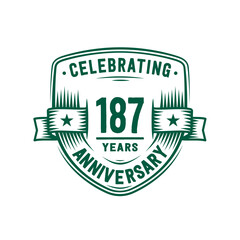 187 years anniversary celebration shield design template. 187th anniversary logo. Vector and illustration.
