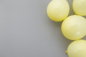 Happy birthday background, Flat lay party decoration on pastel grey background.