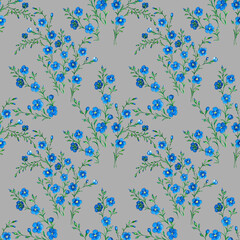 Pattern with blue flax flowers on a gray background.
