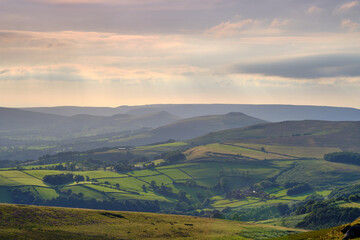 Evening light on fields in the Hope Valley, Peak District, UK