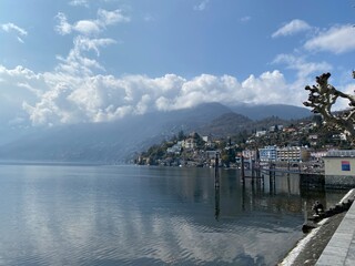 View of the city of Ascona, Switzerland. View of the lake and mountains, sunny day. Beautiful landscape
