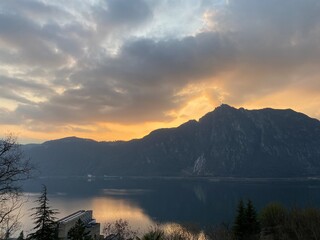 View of the mountains and lake Lugano, Switzerland. Campione d'Italia, Mount san salvatore.