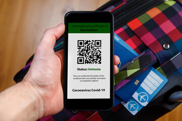 The woman holding the mobile phone a mockup for digital vaccination certificate in one hand and passport, mask and ticket in another one