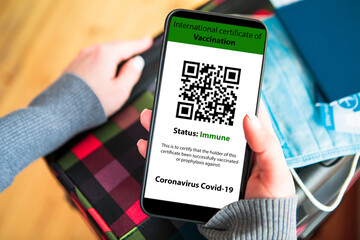 The woman holding the mobile phone a mockup for digital vaccination certificate in one hand and passport, mask and ticket in another one
