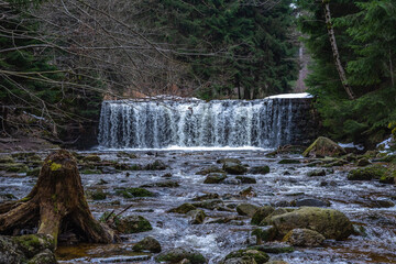 Cascade falls over mossy rocks