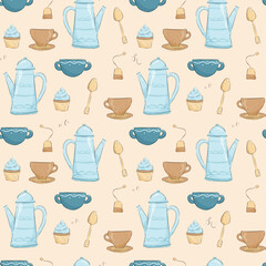 Cute cozy vector seamless pattern. Cups and teapot with tea, tea bag, muffin and teaspoon. Tea ceremony in warm colors. Decoration background or wrapping paper in cartoon style.