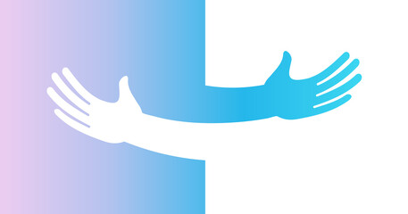Human hugs, hugging hands, support and love symbol, hugged arms girth silhouette, unity and warmth feeling, flat vector illustration