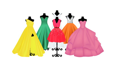 Elegant dresses on mannequin set, vector