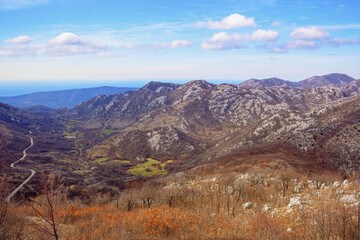  Beautiful mountain landscape. View of mountain range of Dinaric Alps on sunny day in early spring. Bosnia and Herzegovina, Republika Srpska