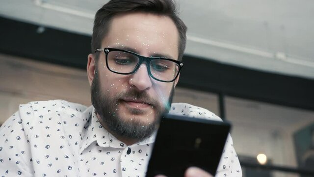 Smart Phone Technology Using Facial Recognition Biometrics Iris. Person Use Face Id on Hand Device. Young Handsome Man and Hi-tech 3d Detection Portrait. Futuristic Scanned Cyber Security People Id 4k