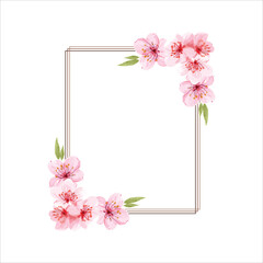 Spring floral border. Cherry blossoms pink flowers frame, Flower branches vector frame illustration, tree blossom flowers border template. Pink cherry blossom branches, buds on twigs.