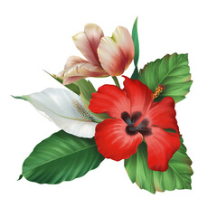 Bouquet of realistic tropical red hibiscus tulip and white  flowers with green leaves on white background