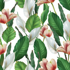 Seamless pattern of realistic tulip and white flowers with green leaves on white background