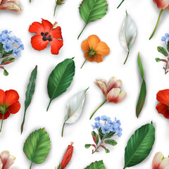 Seamless pattern of realistic tropical red hibiscus tulip and white  flowers with green leaves on white background