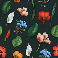 Seamless pattern of realistic tropical red hibiscus tulip and white  flowers with green leaves on dark background