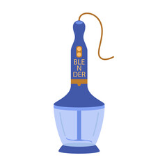 Submersible blender inserted into the chopper bowl. Cooking, kitchenware, electrical equipment. House technics concept. Vector illustration flat style