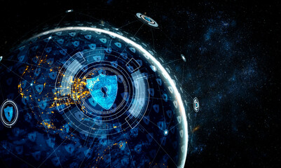 Cyber security technology and online data protection in innovative perception . Concept of technology for security of data storage used by global business network server to secure cyber information .