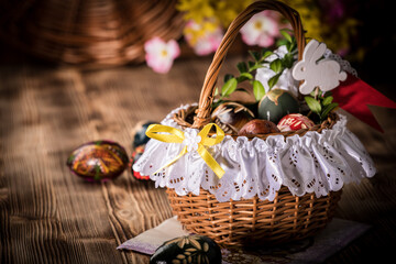 Traditional Easter basket with colored eggs.