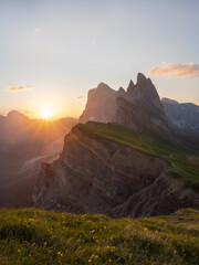 Obraz na płótnie Canvas Sonnenaufgang wandern bei der Seceda in Suedtirol Italien - Seceda in the Dolomites in Italy