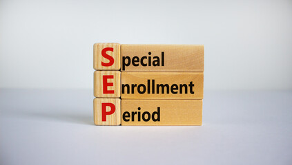 SEP, special enrollment period symbol. Wooden blocks with words 'SEP, special enrollment period'. Beautiful white background, copy space. Business, medical and SEP, special enrollment period concept.