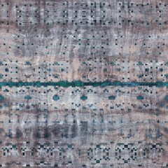 Seamless grungy tribal ethnic rug motif pattern. High quality illustration. Distressed old looking native style design in faded turquoise and gray colors. Old artisan textile seamless pattern.