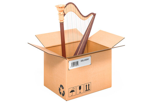 Harp inside cardboard box, delivery concept. 3D rendering