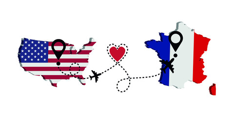 Travel from USA to France by passenger plane. Airplane route. Freedom to travel. I love traveling by plane.