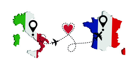 Travel from Italy to France by passenger plane. Airplane route. Freedom to travel. I love traveling by plane.