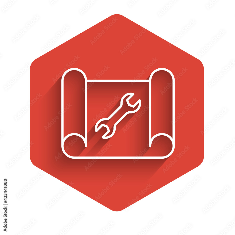 Poster white line graphing paper for engineering and wrench icon isolated with long shadow. red hexagon but