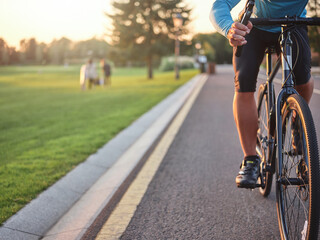 Cropped shot of professional cyclist wearing sportswear training on park road in summer season