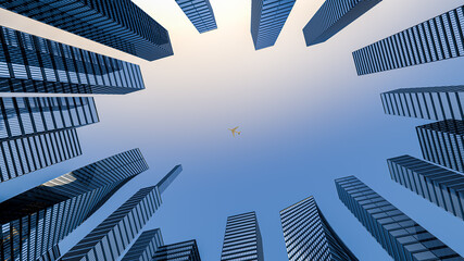 Perspective view to steel light blue of glass high rise building skyscraper city of future and airplane. Business and travel concept of industry tech architecture. 3d rendering. 3d illustration