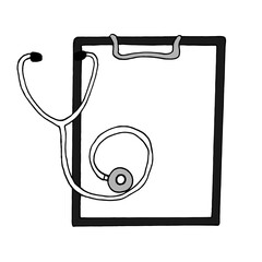 Medical clipboard with blank message paper and stethoscope. Vector illustration in the doodle style.