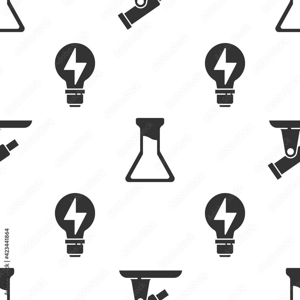 Poster set telescope, test tube and flask and light bulb with lightning on seamless pattern. vector