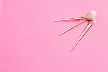 top view of make-up brushes of different sizes on a light pink background