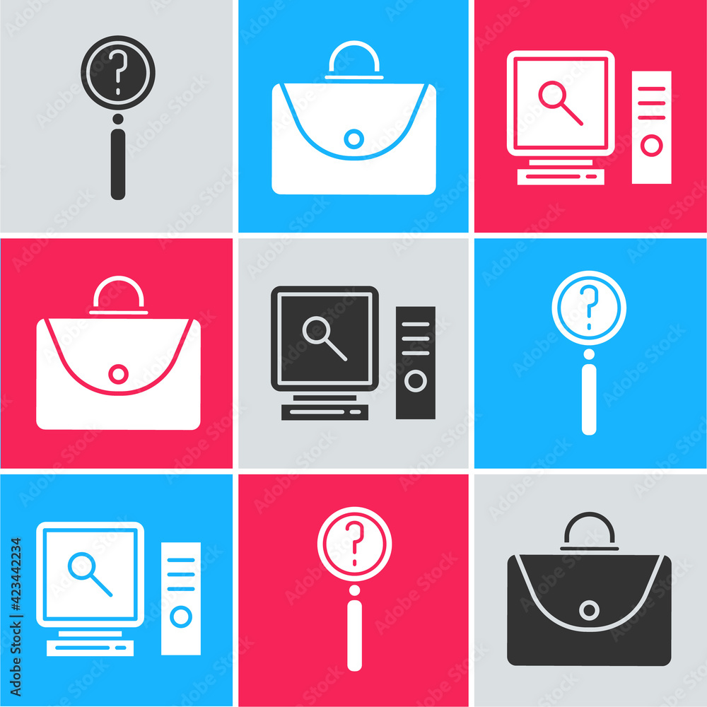 Poster set magnifying glass with search, briefcase and search on computer screen icon. vector