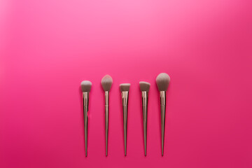make-up brushes of different sizes on a pink background
