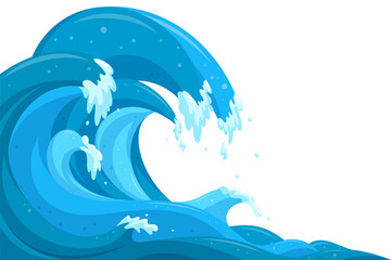 Tsunami waves background. Flood ocean waves in cartoon style. Vector illustration in white background