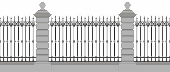 Classic iron fence with stone pillars. Wrought iron fence. Urban design. Decor. Vintage. Luxury modern architecture. Palace. City. Street. Park. Blacksmithing. Seamless. Isolated.
