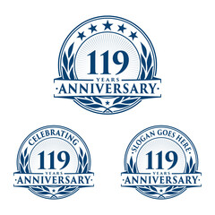 119 years anniversary logo set. 119th years anniversary celebration logotype. Vector and illustration.
