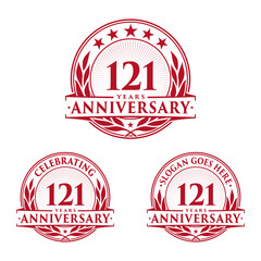 121 years anniversary logo set. 121st years anniversary celebration logotype. Vector and illustration.
