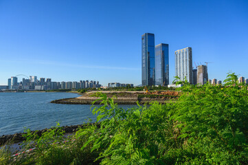 Urban skyline with high-rise skyscrapers of Qianhai in Shenzhen, China, in the color format