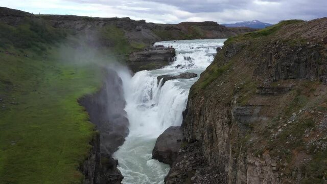 Beautiful aerial shot of Gullfoss waterfall. Powerfull river stream in Iceland. Famous icelandic waterfall, Golden foss