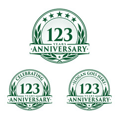 123 years anniversary logo set. 123rd years anniversary celebration logotype. Vector and illustration.
