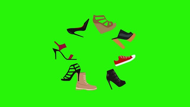 women shoes animation on green screen chroma key flat design elements