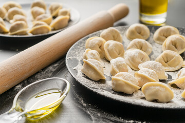 Handmade dumplings, homemade cooking. Russian cuisine.
