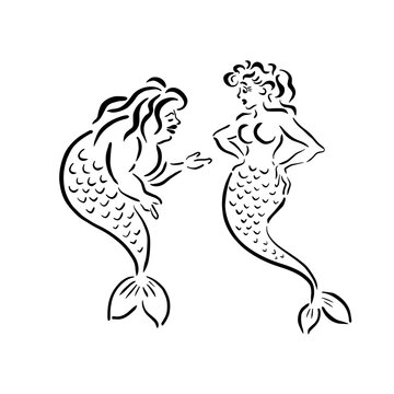 Girl Mermaid line. Slim and fat mermaid. Vector illustration